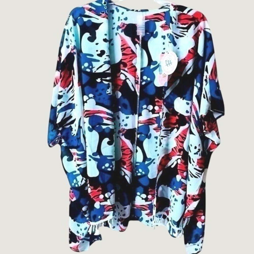 As Rose Rich Womens Abstract Print Kimono Swim Cover Up Tassel Hem Blue Small